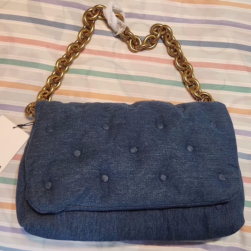 Zara Blue Denim Shoulder Bag with Gold Chain